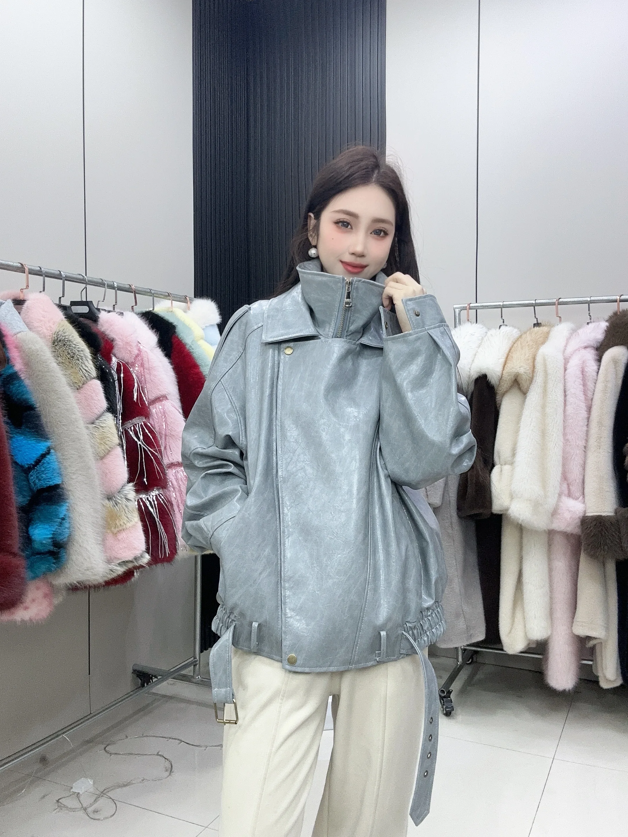 2025 Spring and Autumn Leather Jacket Womens Classic Locomotive Coats Cool Girls Casual Burgundy Leather Jacket