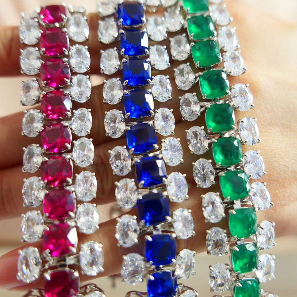 KQDANCE Multi Layer Green Red Blue Stone Cushion Cut Lab Created Sapphire Ruby Emerald Diamond Tennis Chain Bracelets Jewelry