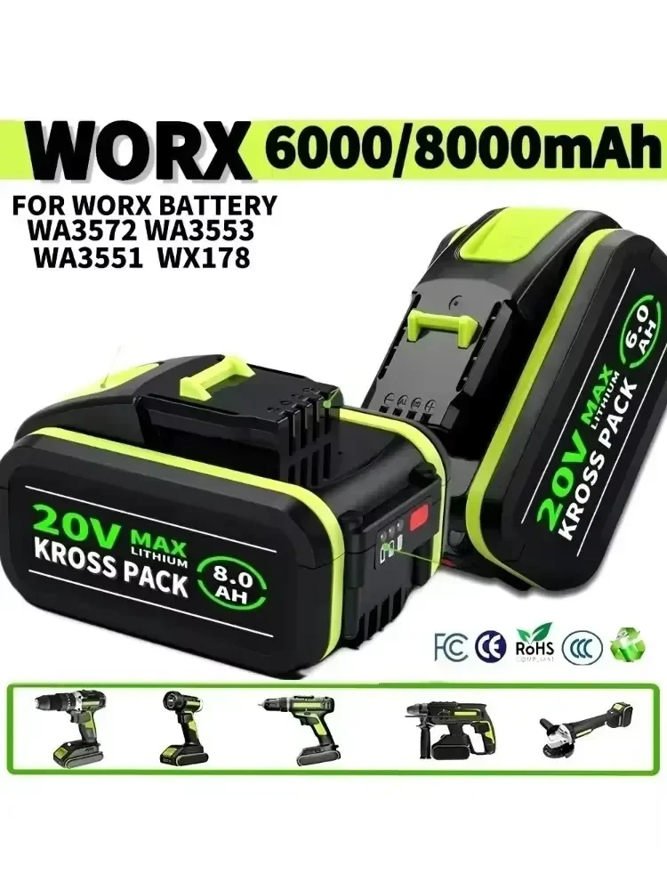 WORX 20V 6.0Ah/8.0Ah Lithium-Ionen-Akku mit großer Kapazität WA3551 WA3551.1 WA3553 WA3641 WX373 WX390 Wiederaufladbarer Werkzeugakku