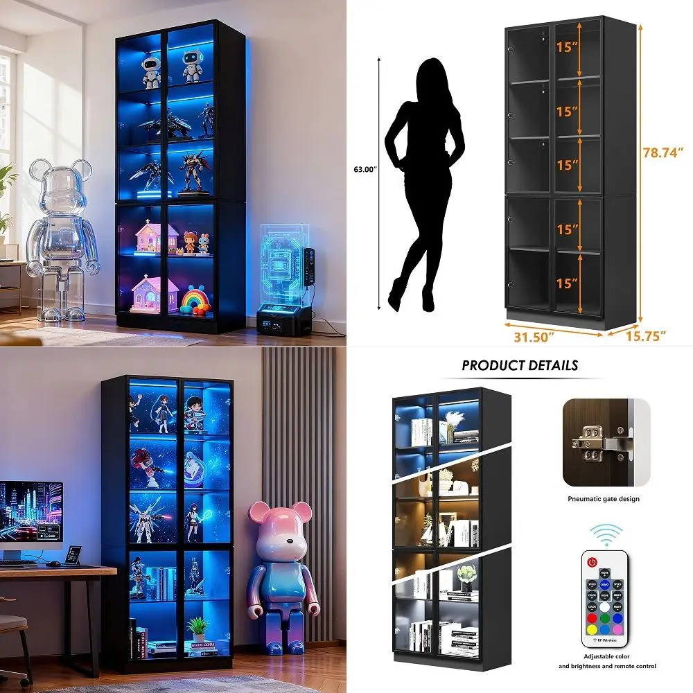 

79 Tall Glass Display Cabinet with LED Lights,Showcase with Glass Doors,5Tier Curio Cabinet for Collectibles Bookcase,Storage S