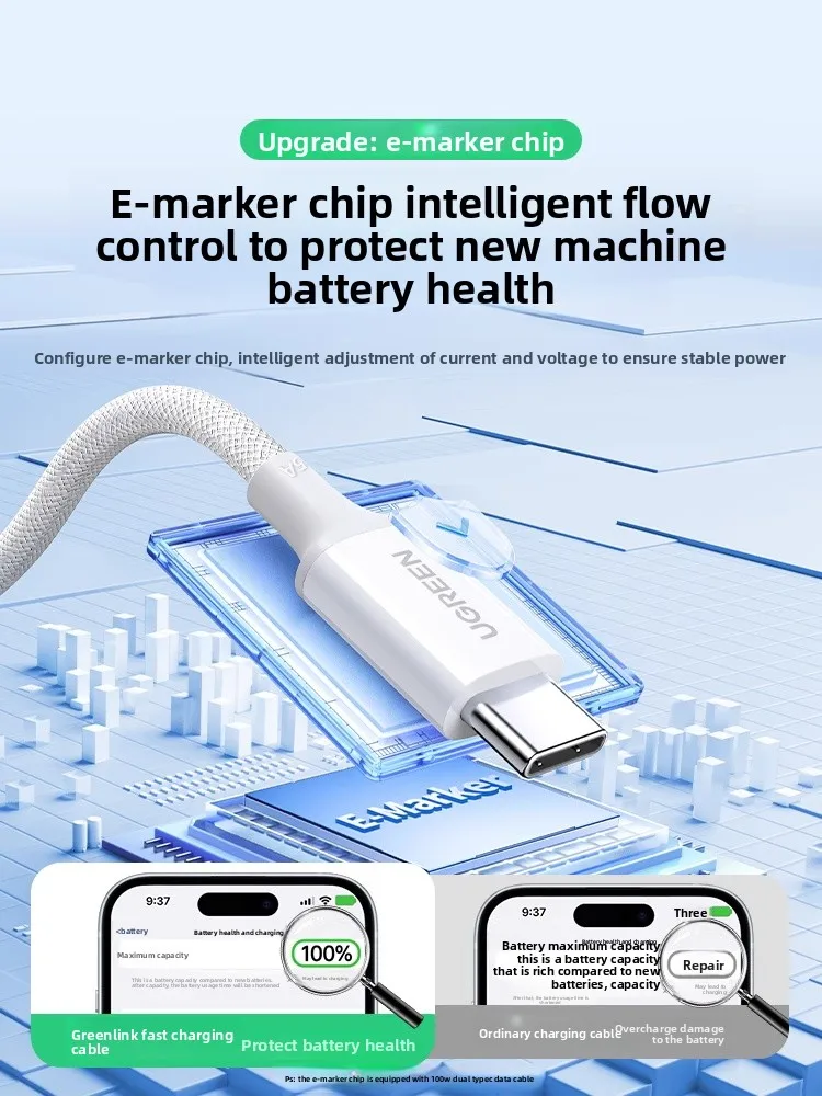 UGREEN USB C a USB C Cable 100W Cable de carga rápida Tipo C ABS Shell Cable de carga trenzado para iPhone 15/16