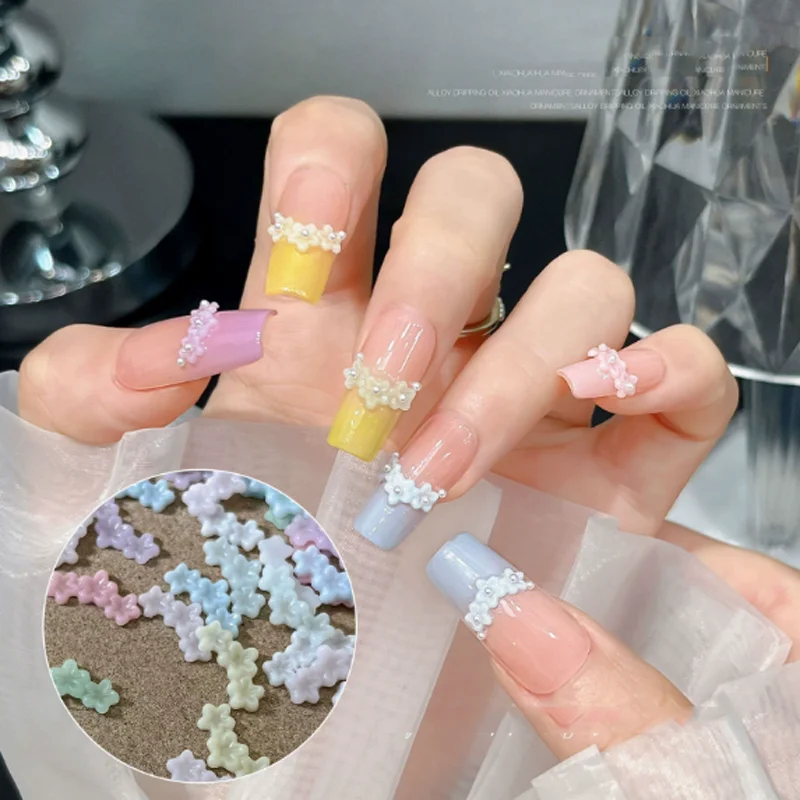 50Pcs New Triple Flower Nail Art Jewelry 3D Macaron String Flower Pearl Small Flower French Skirt Edge Nail DIY Decoration