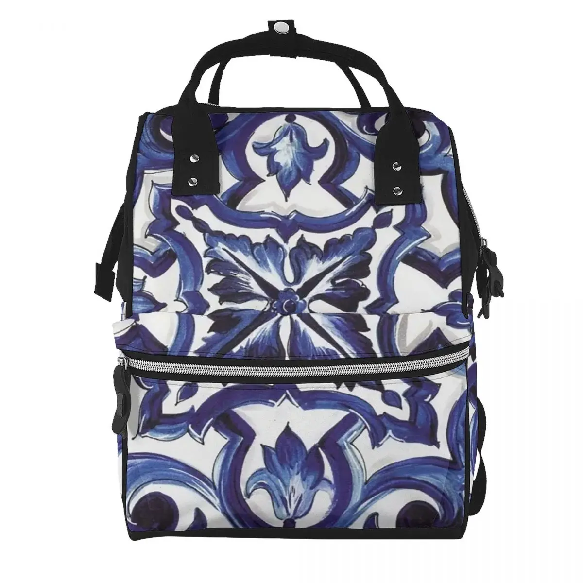 Blue Ornate Floral Mediterranean Sicilian Tile Student Backpack School Bag Daypack for Men Women Bookbag Shoulder Bags