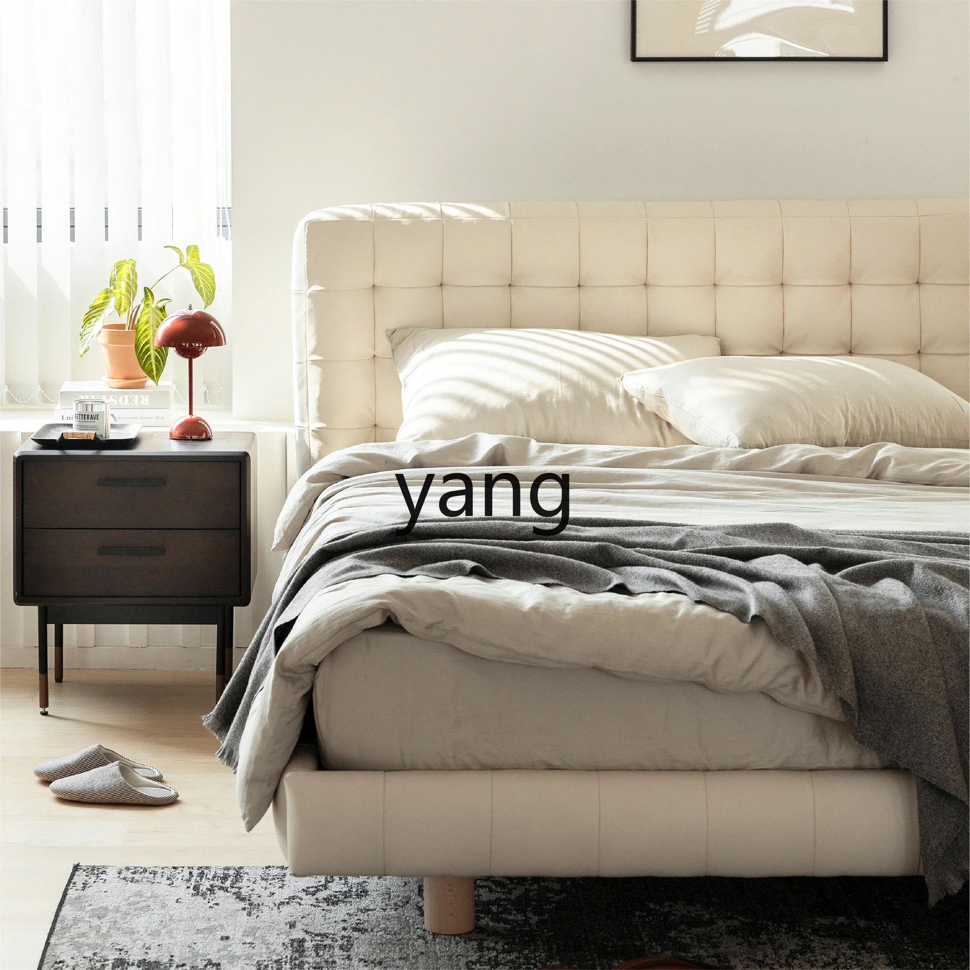 LH first layer cowhide leather bed cream wind modern simple solid wood leather bed suspension bed