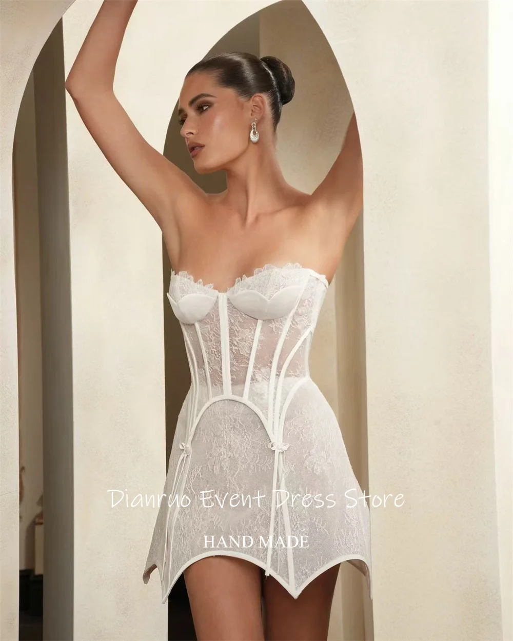 Dianruo Sexy Sheer White Prom Dresses A Line Ruffled Lace Sweetheart Vestidos De Gala Illusion Bodycon Wedding Dress Customized