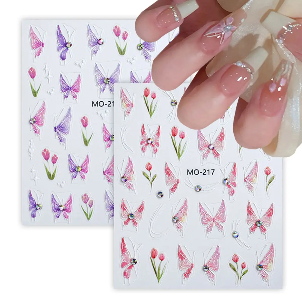 2 Blatt 5D-Schmetterlings-Tulpen-Nagelaufkleber mit Strasssteinen, selbstklebende Nagelkunst-Abziehbilder für die Maniküre-DIY-Dekoration