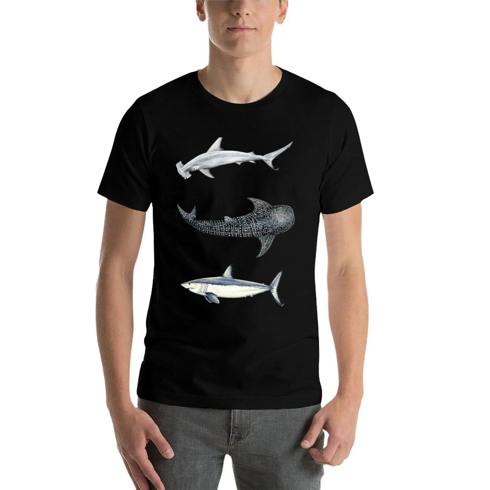 Shark trio: hammerhead shark, whale shark and mako shark T-Shirt Gym Wear Breathable Short Sleeve Tee T-Shirt view 4