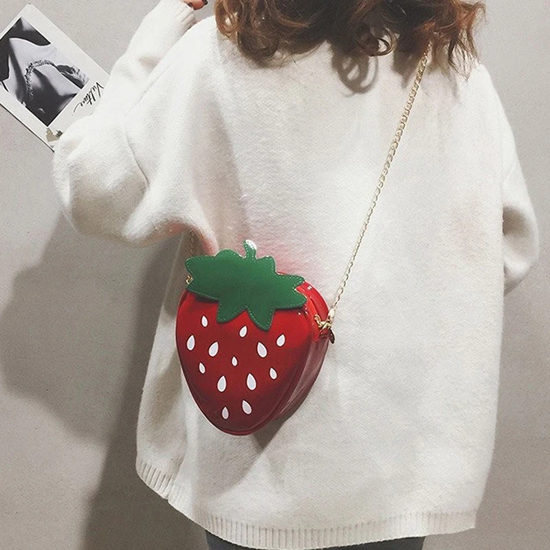 Women Shoulder Bag Strawberry Shape Designer Elegant Bag Pu Leather Chain Crossbody Bag Girls Cute Fruit Purses Handbag