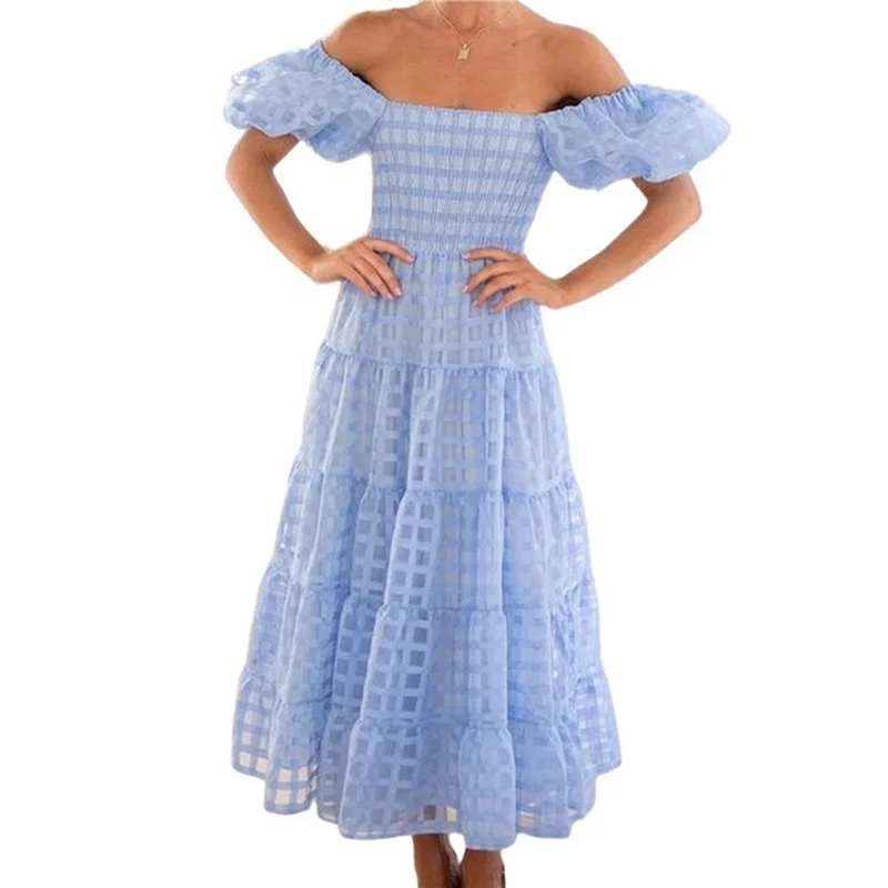 CGS-Vestidos largos maxi de línea A con gradas y cuello cuadrado de manga corta acampanada para mujer