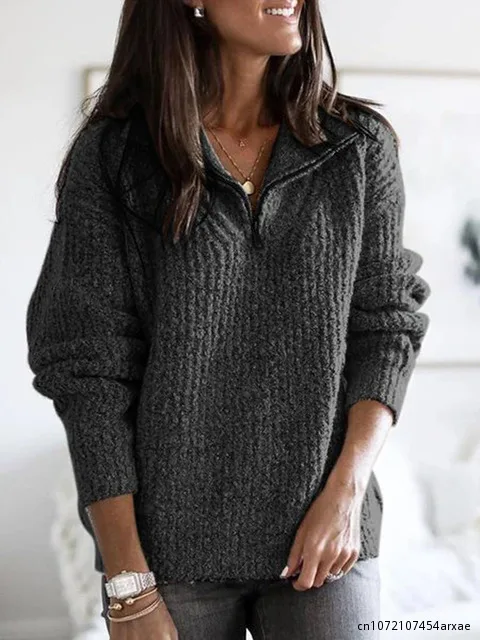 Herbst Winter warme Pullover Pullover Frauen Mode solide Langarm Strickwaren Reiß verschluss Hals lose gestrickte Pullover Pullover Top