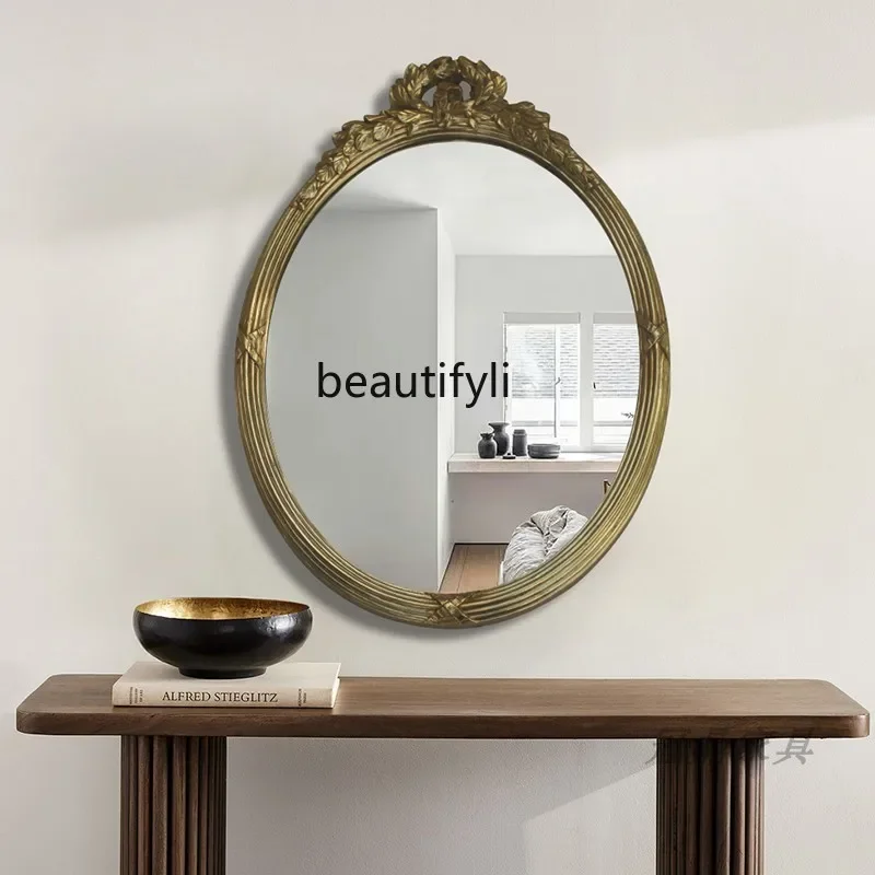Vintage Carved Makeup Mirror Wall-Mounted Bathroom Mirror Living Room Decor Bedroom Vanity Mirror