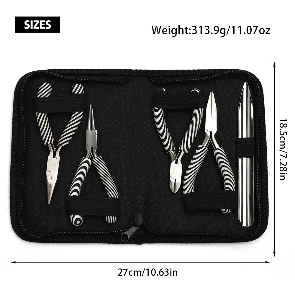 XUQIAN 5pcs Zebra Pliers Kit Chain Nose Round Nose Flush Nose Flat Nose Bead Ccoop With Zippered Tool Bag Set for Jewelry Making