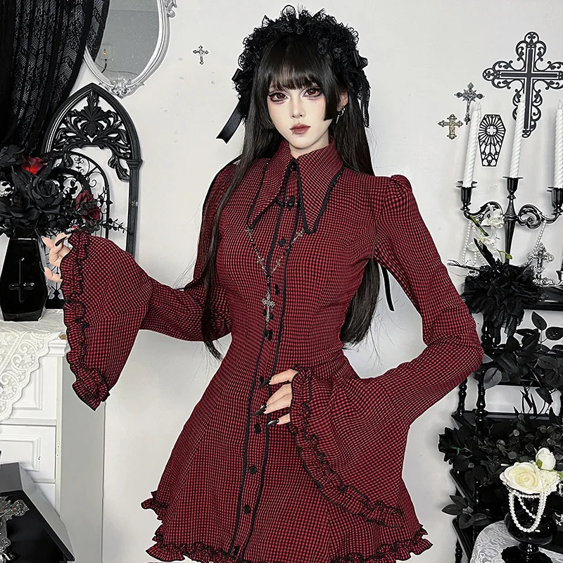 Japanese Elegant Gothic Retro Mini Dress Women Flare Bell Sleeves Single-breasted Plaid Dress Y2K 2000s Aesthetic Shirt Dresses