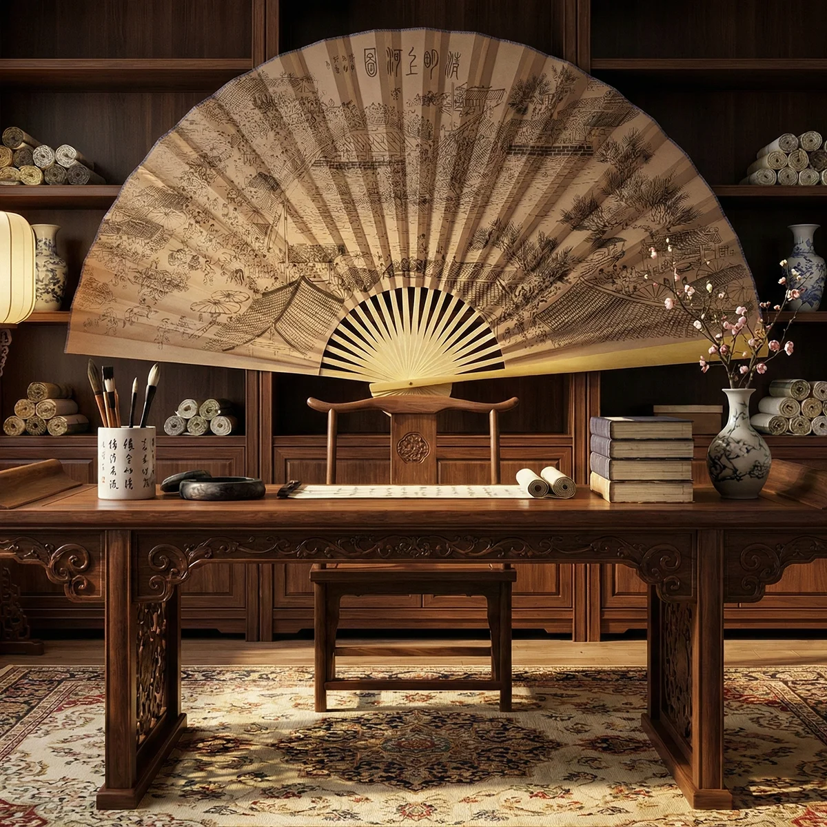Giant Chinese Wall Fan 63 X 35.4 Inch, Extra Large Bamboo Folding Fan, Traditional Oriental Hanging Wall Decor for Living Room, Wedding Backdrop, Photography Prop, Asian Home Decoration