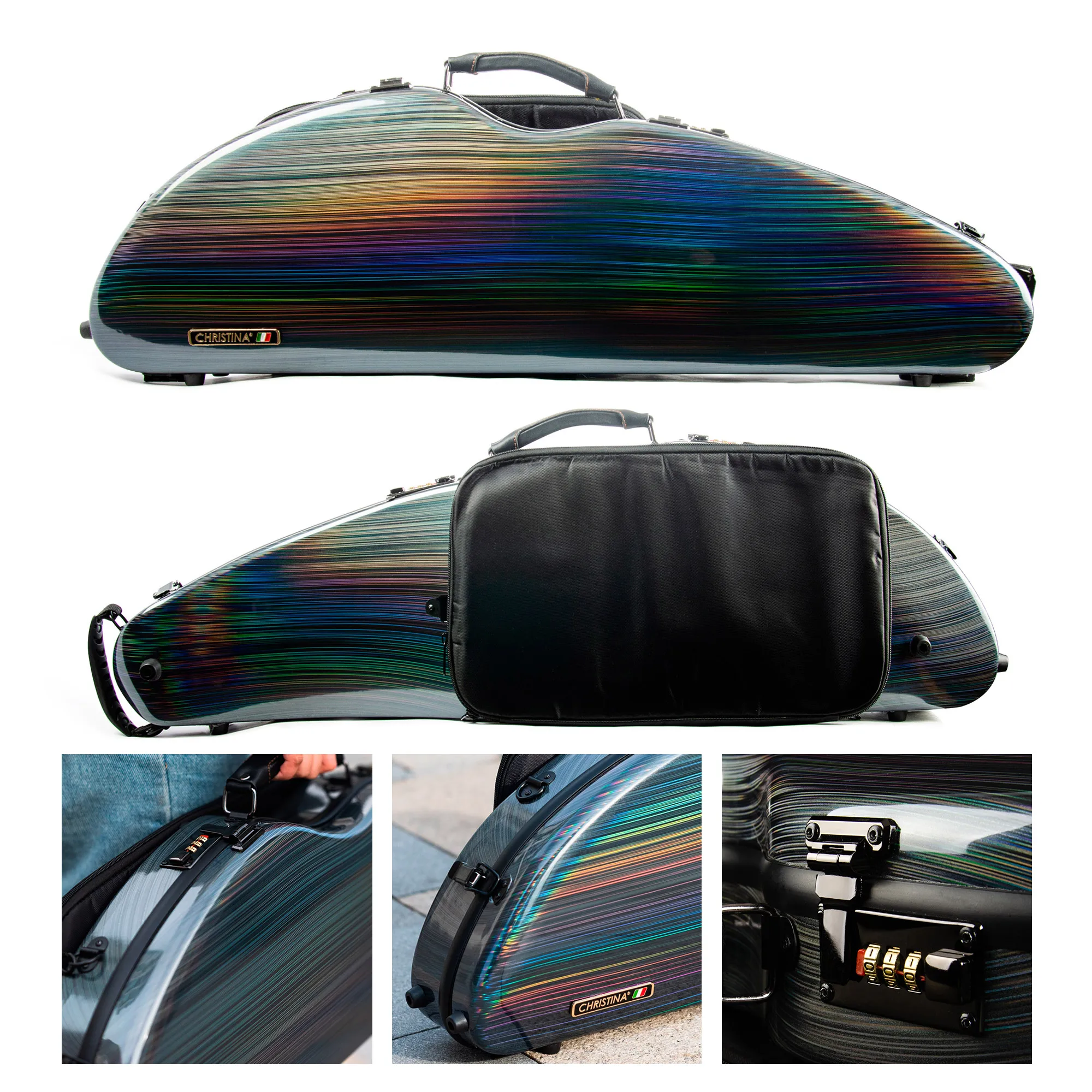 CHRISTINA Violin Case 4/4 Size Rainbow Widened Triangular Hybrid Carbon Fiber NEW Style with Code Lock Sheet Music Bag BV05RG