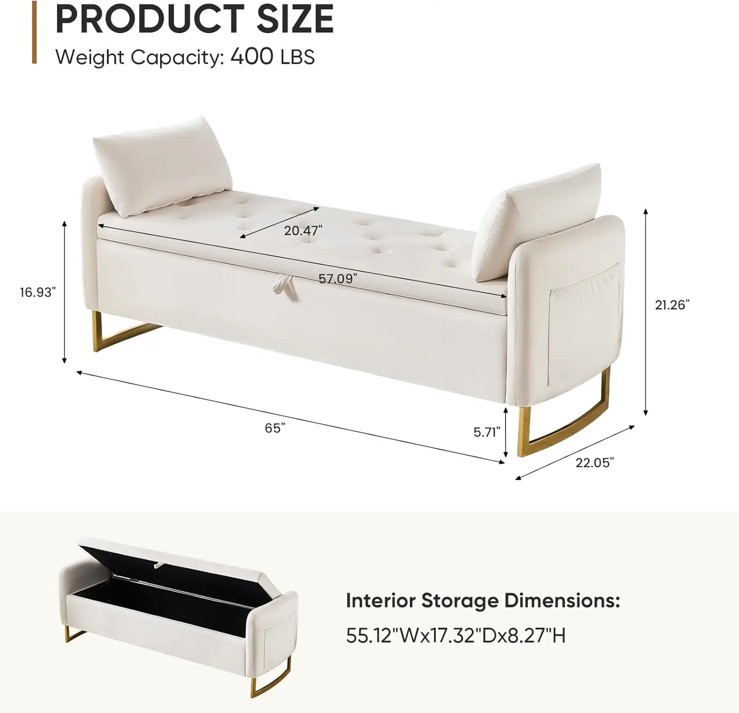 '65' King Size End of Bed Storage Bench, Tufted Button Upholstered Ottoman, Gold Legs, Beige'