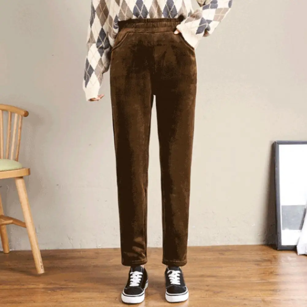 

Warm Women Trousers Corduroy Harem Pants Women's Cozy Winter Trousers with Elastic Waist Pockets Plush Fleece Lining Casual Fit