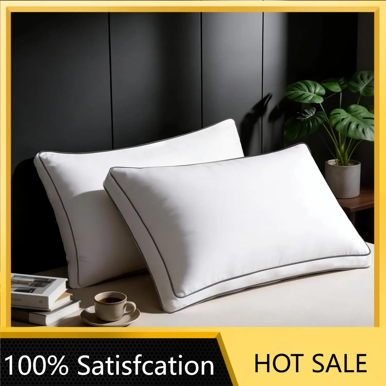 Goose Feather Down Fiber Pillows Queen Size Set of 2, Supportive Gusseted Luxury Hotel Pillow, Comfortable Bed Pillow for Sleepi