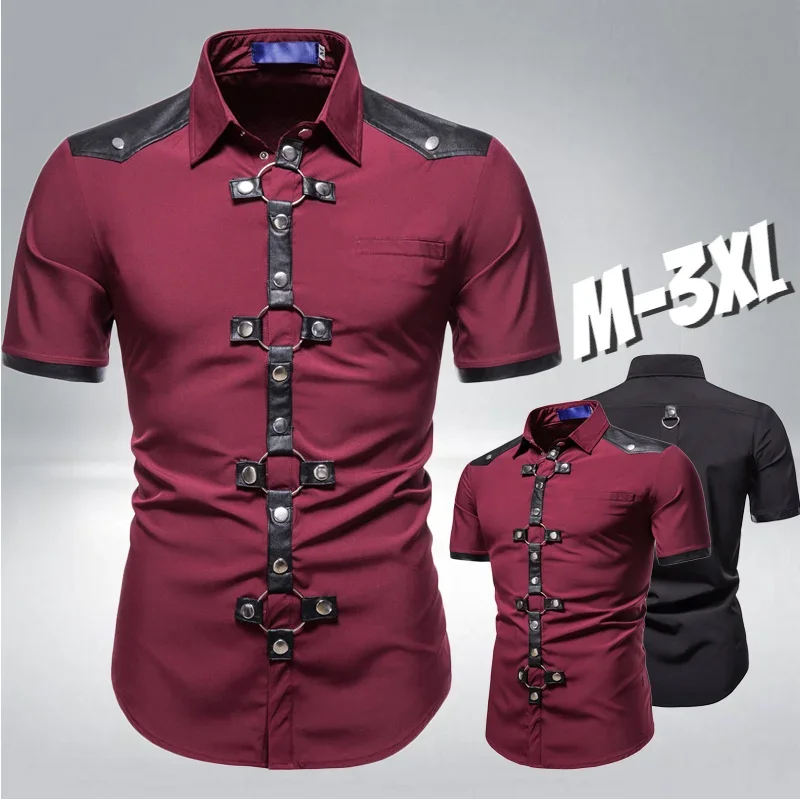 Fashion New Men\'s Punk shirts Gothic Rivet Short Sleeve Shirts Casual For Men Comfortable Summer Wear shirts