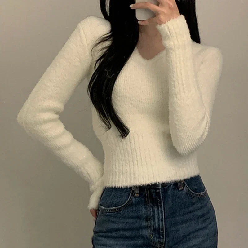 

Hot Sales White Sweater Women Autumn Winter Soft Warm Clothes Long Sleeve Pullover Sweaters V Neck Slim Knitted Crop Tops Pull