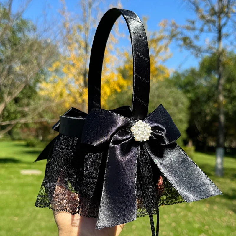 Wedding Ring Bearer Pillow Black Wedding Pillow for Ring Bearer Pearl Bowknot Wedding Accessroies