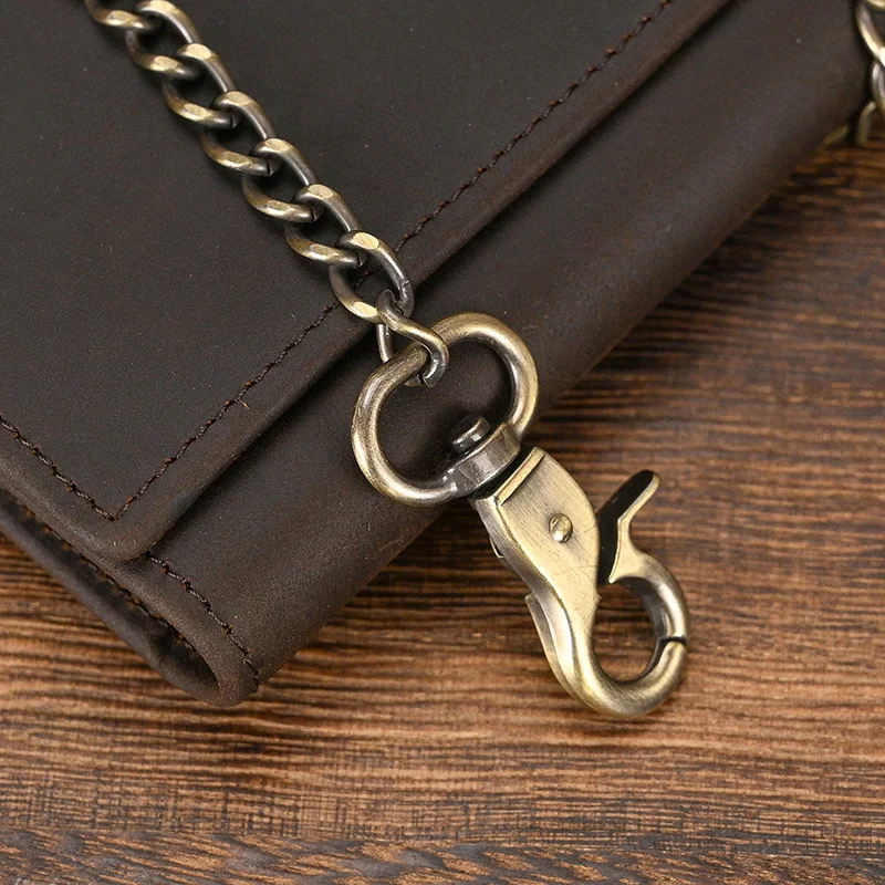 Luufan, el más nuevo diseñador, billetera de cuero genuino para hombre, tarjetero con cremallera, bolso largo triple, billetera de cuero de vaca para hombre con cadena de hierro