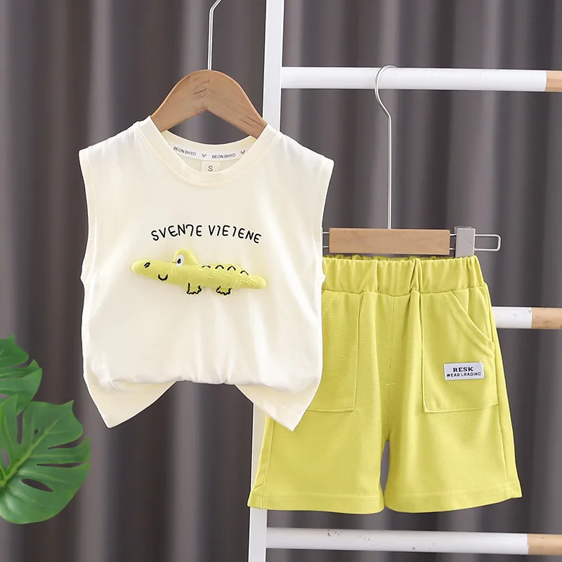 0-5 Years Baby Boy Clothes Boutique Summer Outfits Toddler Boys Cute Crocodile Sleeveless Vest and Shorts 2 Piece Set Kids Suit
