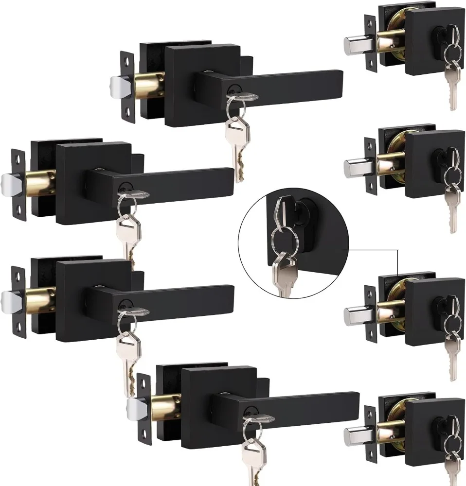 

4 Pack Keyed Entry Door Lever and Double Cylinder Deadbolt Set, Keyed Alike Reversible Lockset, Matte Black Square Interior