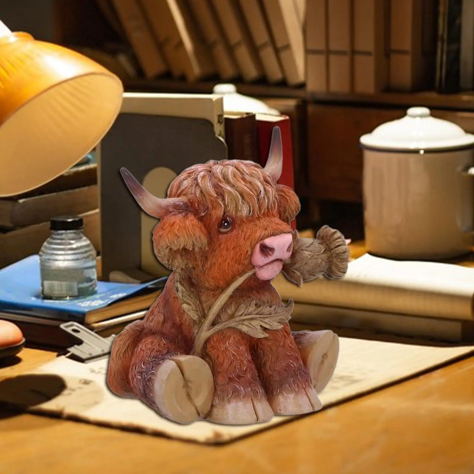 واقعية المرتفعات البقرة تمثال الحرف اليدوية دمية محاكاة الحرف سطح المكتب