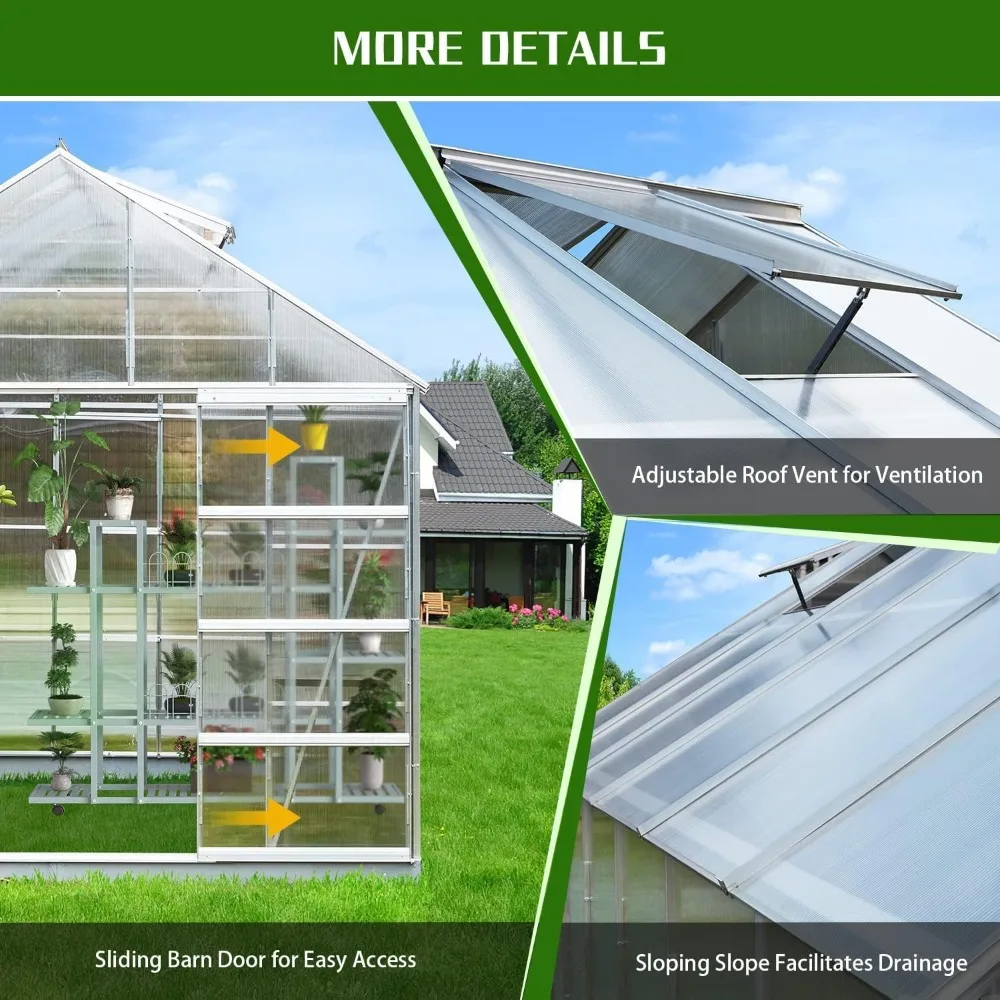 10' X 16' Outdoor Aluminum Greenhouse Polycarbonate with Adjustable Roof Vent and Sliding Door for Backyard Garden in Winter