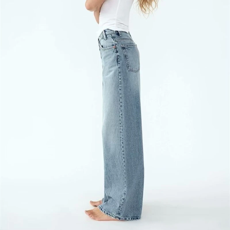 Deeptown Vintage Basic Irregular Women Jeans Washed Wide Leg Straight Denim Pants Baggy High Waist Asymmetrical Trousers Casual