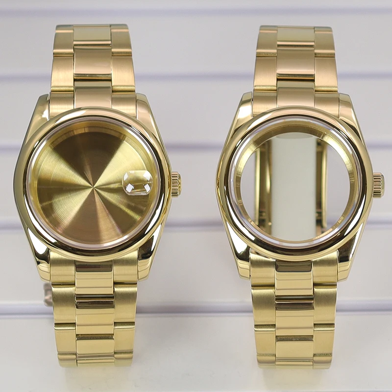 Gold 36mm/40mm Round Edge Watch Case Sapphire Glass For Seiko NH35 NH36 NH38/34 Miyota 8215 Movement 28.5mm Dial Oyster Bracelet