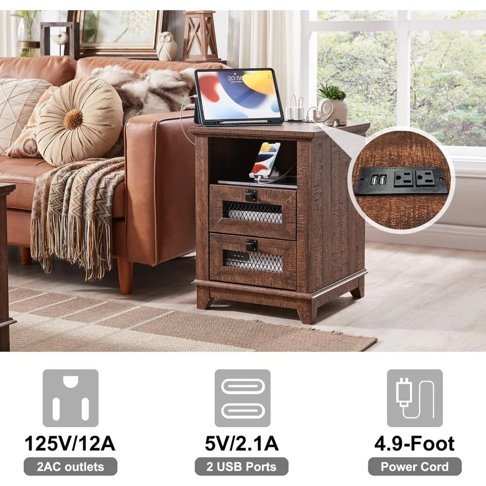 Table de chevet avec station de recharge, table d'appoint industrielle et de ferme avec 2 tiroirs et cubby ouvert, tiroir en maille rustique