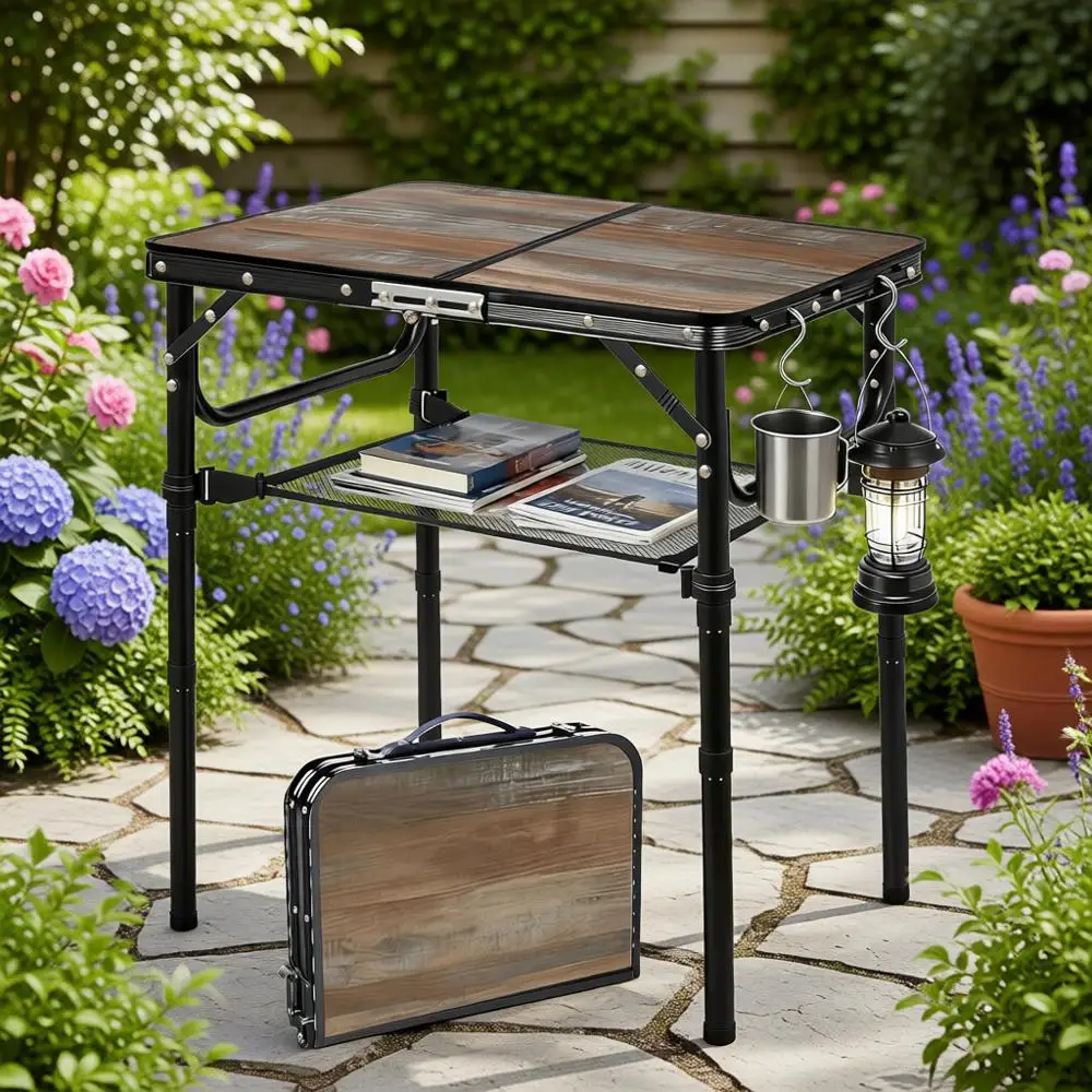 

Портативный складной стол для кемпинга с регулируемой высотой, легкий металлический, компактный дизайн для пляжа, барбекю и многого другого