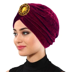 New Women Velvet Beads Flower Turban Bonnet Hijab Muslim Chemo Cap Hair Loss Headwear Headwrap Beanie Skullies Hats Turbante