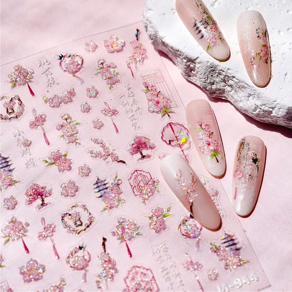 

Chinese Style Pink Shiny Peach Blossom Fans Tassel Pendant Ancient Poetry 3D Jelly Nail Art Stickers 5D Reliefs Manicure Decals