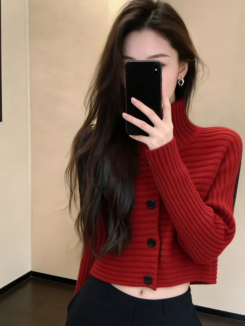 

Красный вязаный кардиган Sli, короткий, зимний, модный, в корейском стиле, мягкий топ с длинными рукавами и высоким воротником, одежда для девочек