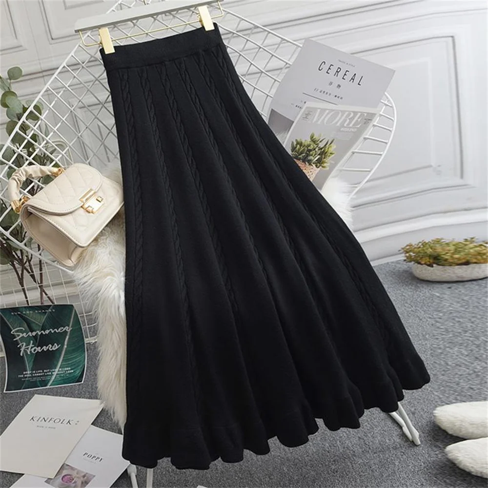 2024 New Korean Fashion Female Ladies Knitted Long Maxi Skirt Women Fall Winter Casual Thick Warm A Line Elegant High Waist