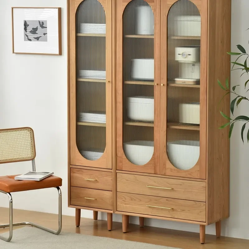 Nordic Solid Wood Bookcase with Glass Door Log Oak Cherry Japanese Style Floor to Ceiling Narrow Bookshelf Storage Cabinet - view 4