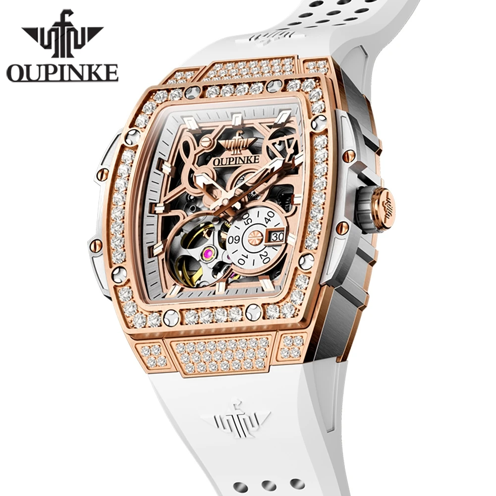 OUPINKE 3220 Flywheel Skeleton Mechanical Watch For Women Diamond Luxury Silicone Strap Wristwatch Sapphire Mirror Dress Watch