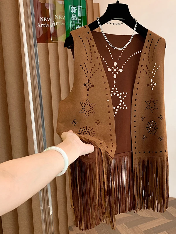 Kardigan bez rękawów z ażurowym wzorem i frędzlami, duży rozmiar, damska odzież wierzchnia na podróże w pustyni, nowa kolekcja jesienna, swobodny krój casual.