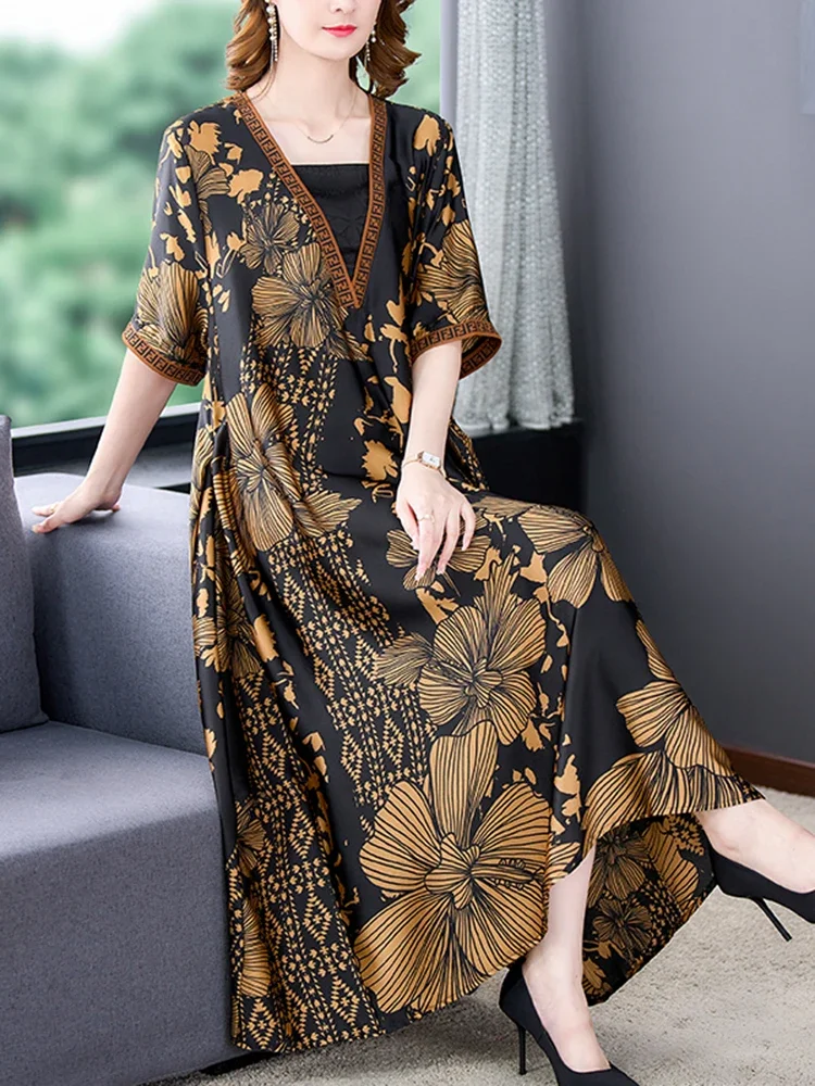 

Summer Black Floral Silk Midi Dress Women Fake Two Piece Elegant Loose Waist Robe Korean Vintage Casual Party Evening Dress D59