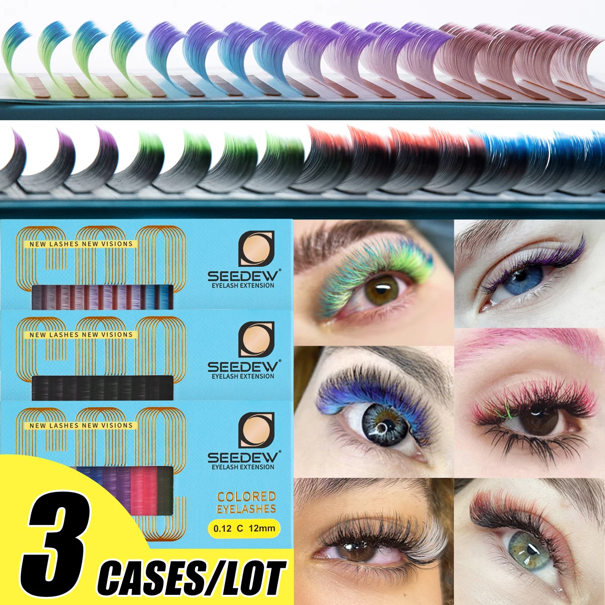 SEEDEW 3cases/lot Mix Colors Gradient Color Lashes Christmas Gift Halloween Rainbow Eyelash Extensions Supplies