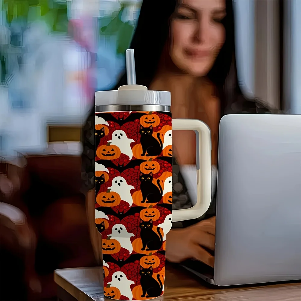 Halloween And Christmas 40Oz Insulated Tumbler with Handle And Straw, Travel Water Mug for Daily Commute Office Camping, Spooky Ghost Black Cat Jack O' Lantern All Over Print, Perfect for Home Outdoor Party Hot Cold Drinks Use