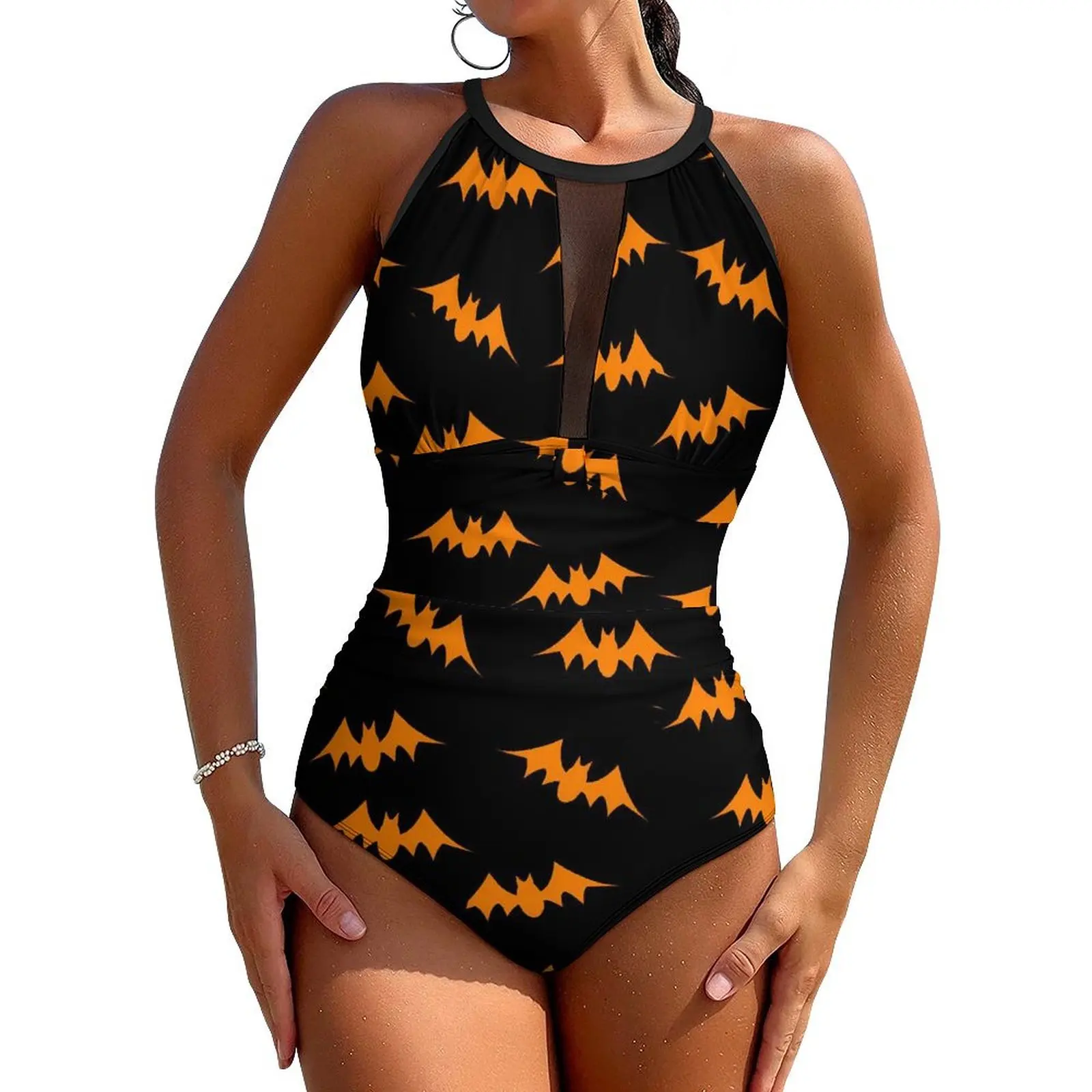 

Orange Bat Swimsuit Halloween Print One Piece Swimwear Push Up Stylish Monokini Sexy Holiday Surf Custom Beach Outfits