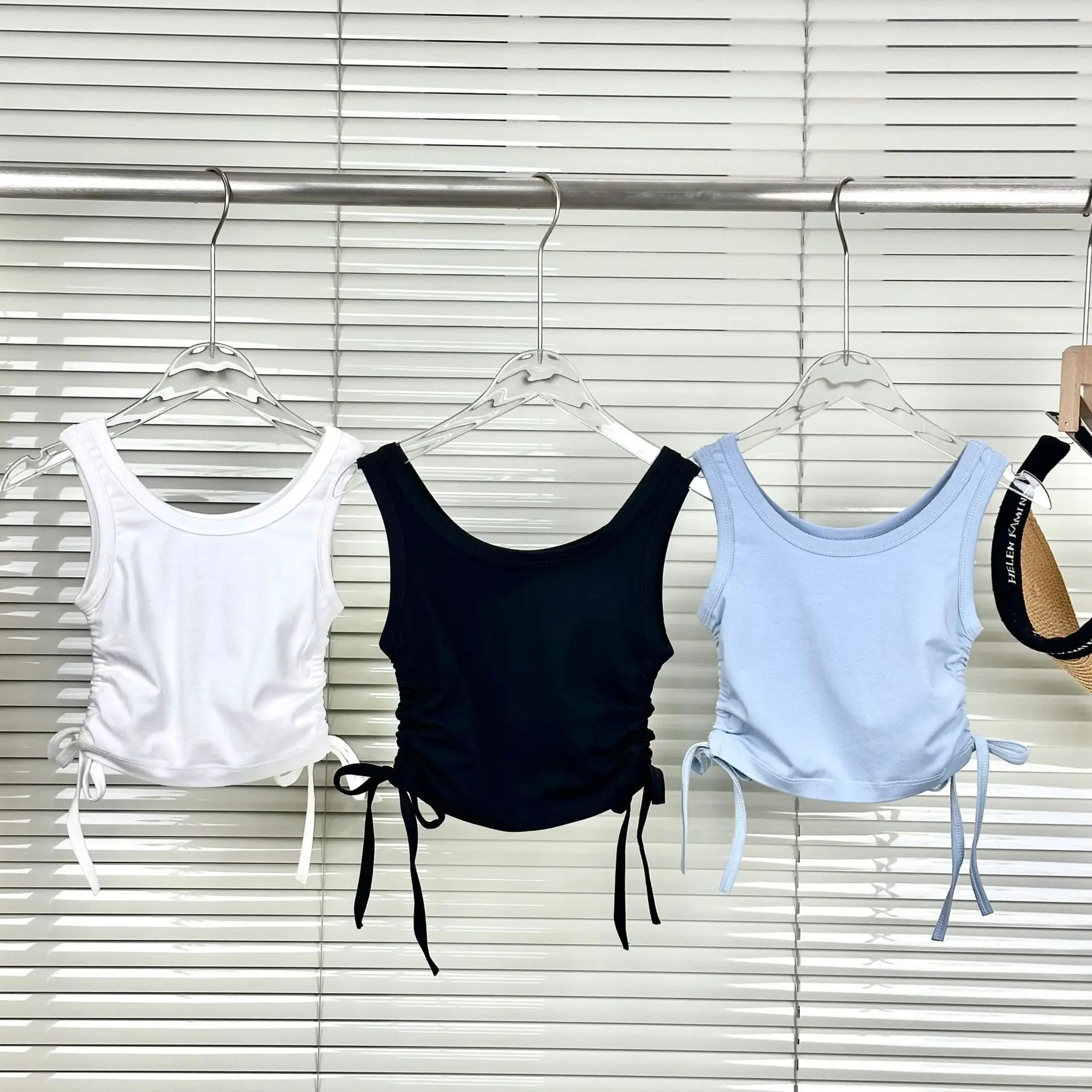 New Girls Summer Drawstring Vest Korean Solid U-shaped Collar Adjustable Drawstring on Both Sides Fashionable Children Vest