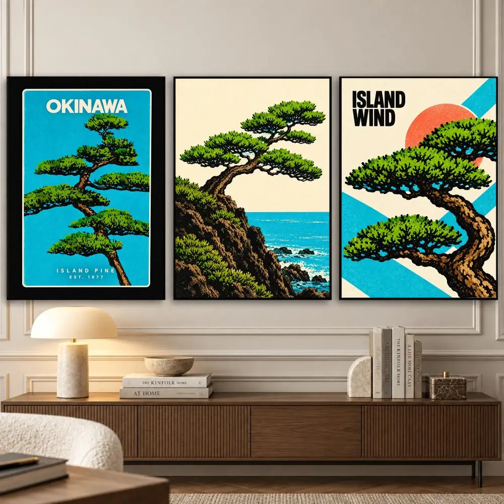 Okinawa Pine Painting Calligraphy 3 PCS Vintage Fashion Canvas Wall Art Prints for Living Room Decor