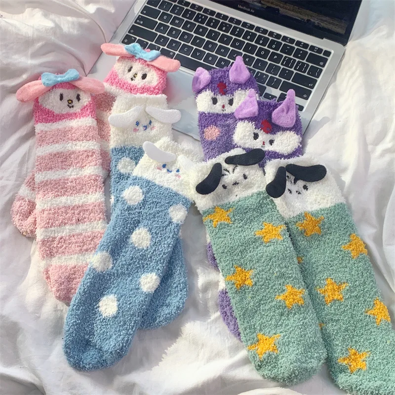 Kawaii Sanrio Kuromi My Melody Cinnamoroll Pochacco Coral Fleece Socks Floor Socks Sleep Long Socks Thick Soft Gift For Girls