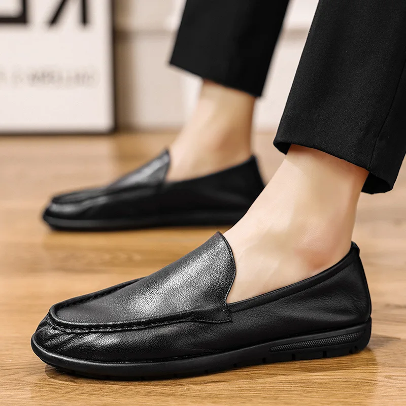 

2023 Spring Autumn Men's Genuine Leather Shoes Slip On Man Footwear Round Toe Comfortable Flat Shoes Leisure Shoes A040