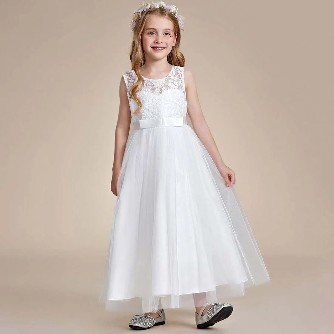 YZYManual-Lace Tulle Flower Dress para meninas, Princess Bow, sem mangas, 2-15T